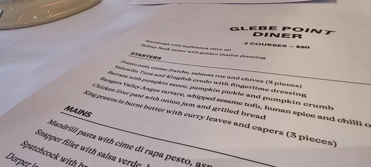 Menu, Glebe Point Diner