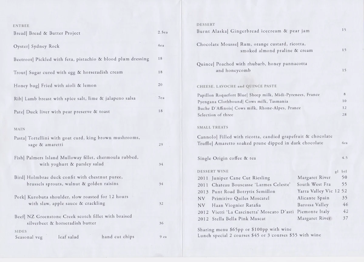 Menu, Glebe Point Diner