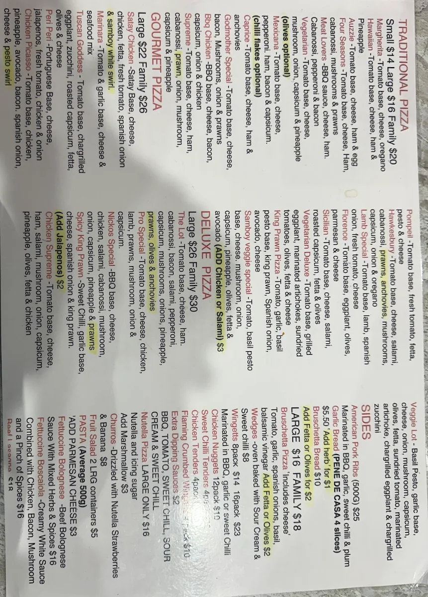 Menu, Samboy Pizza