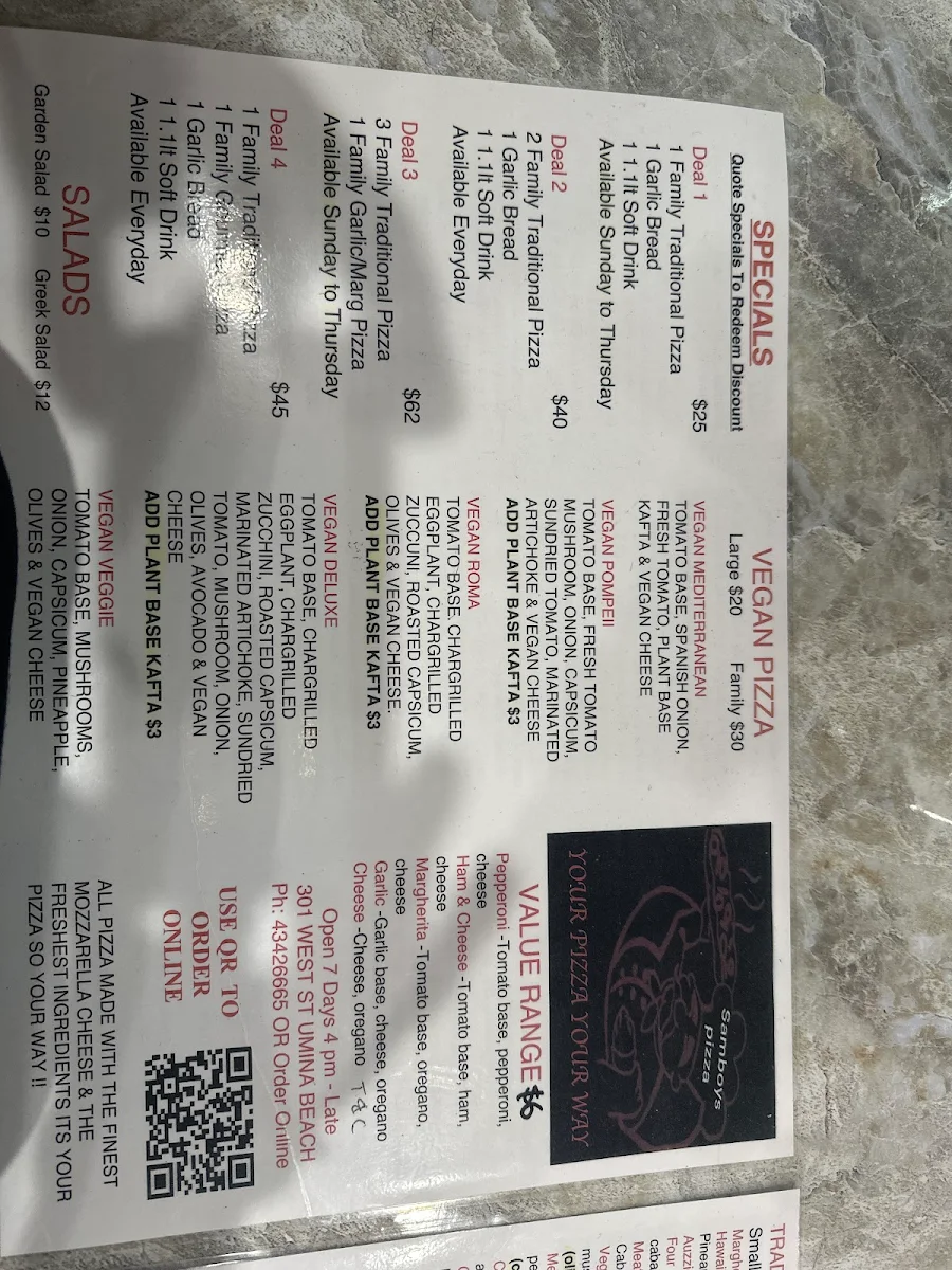 Menu, Samboy Pizza
