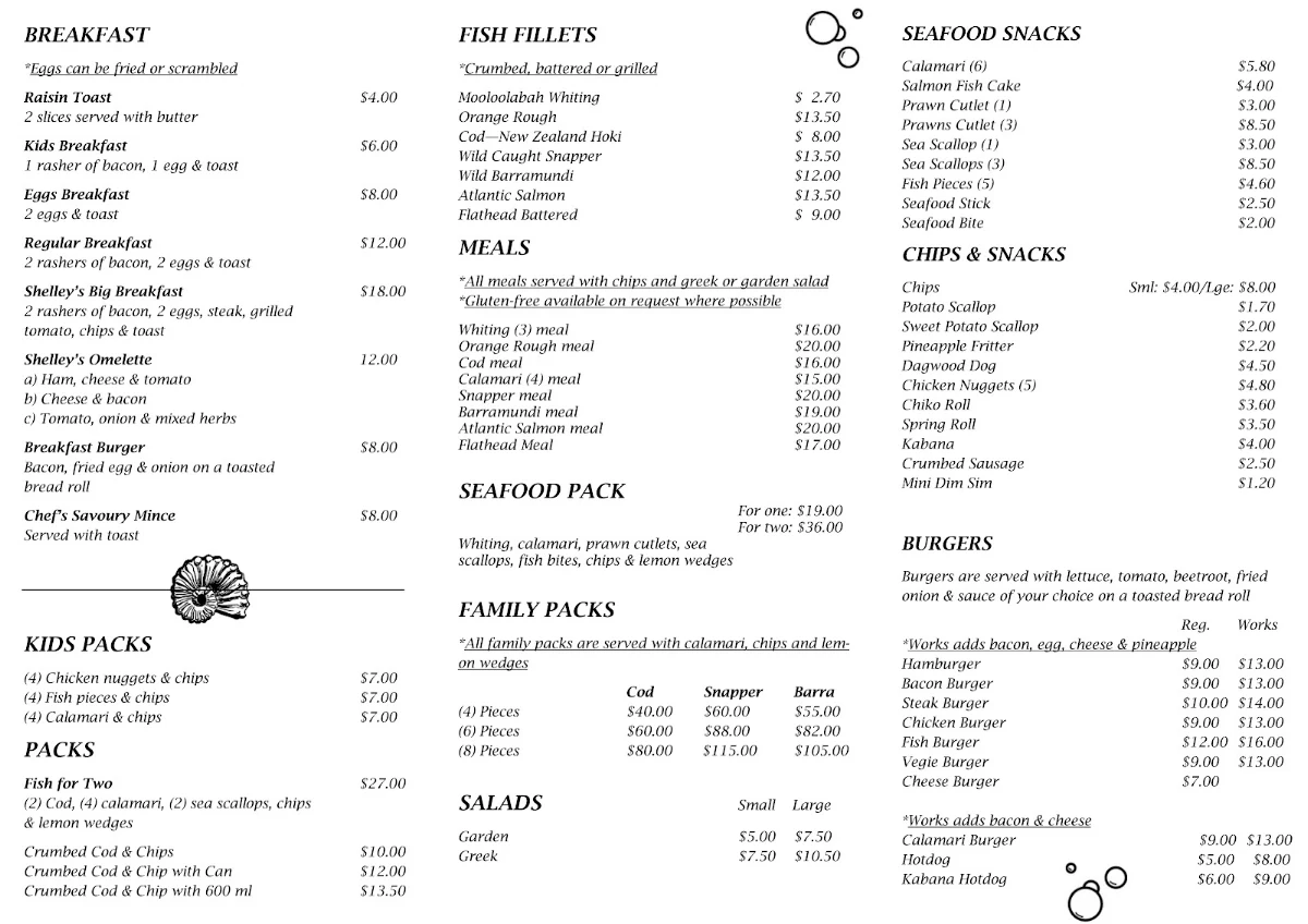 Menu, Shelley Inn