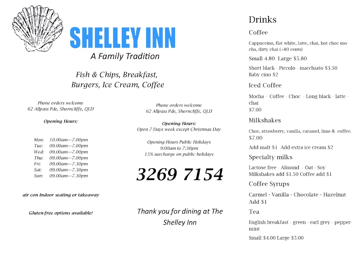 Menu, Shelley Inn
