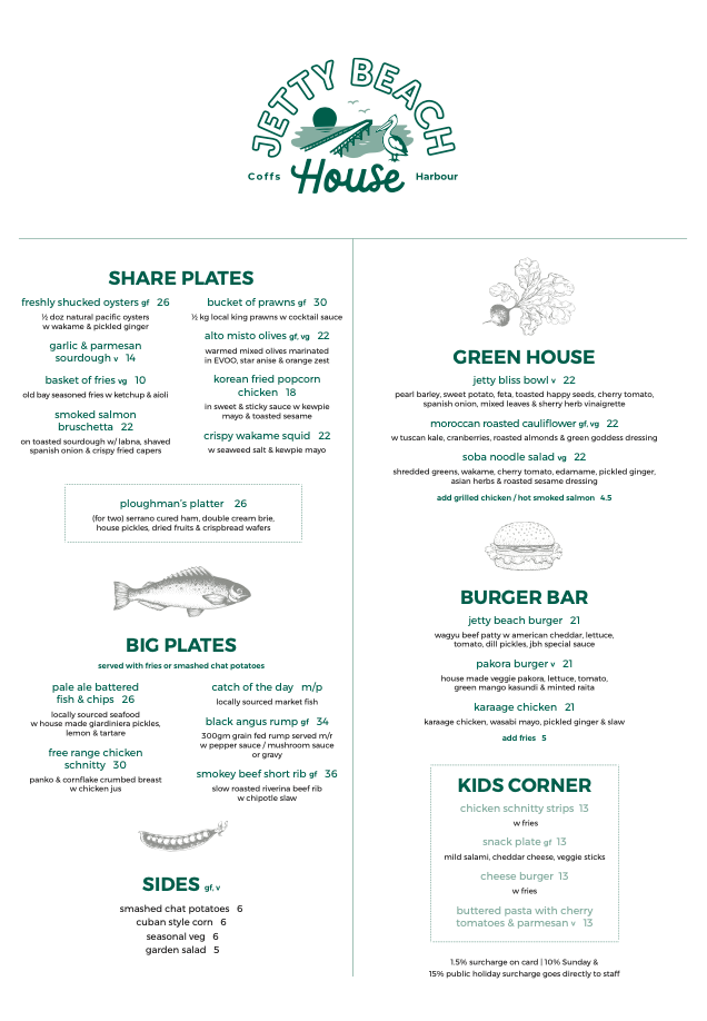 Menu, Jetty Beach House Coffs Harbour
