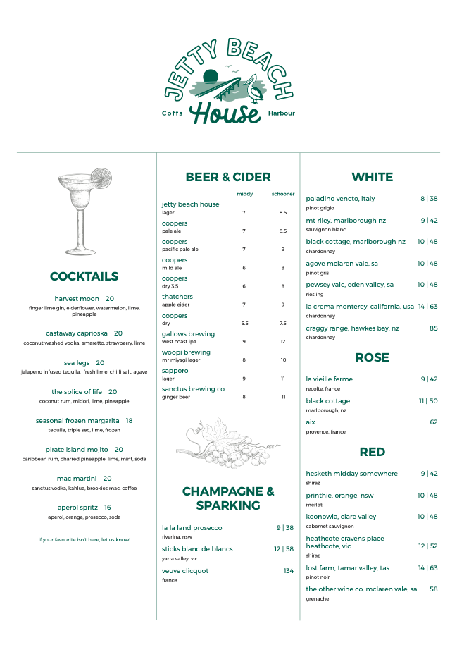Menu, Jetty Beach House Coffs Harbour