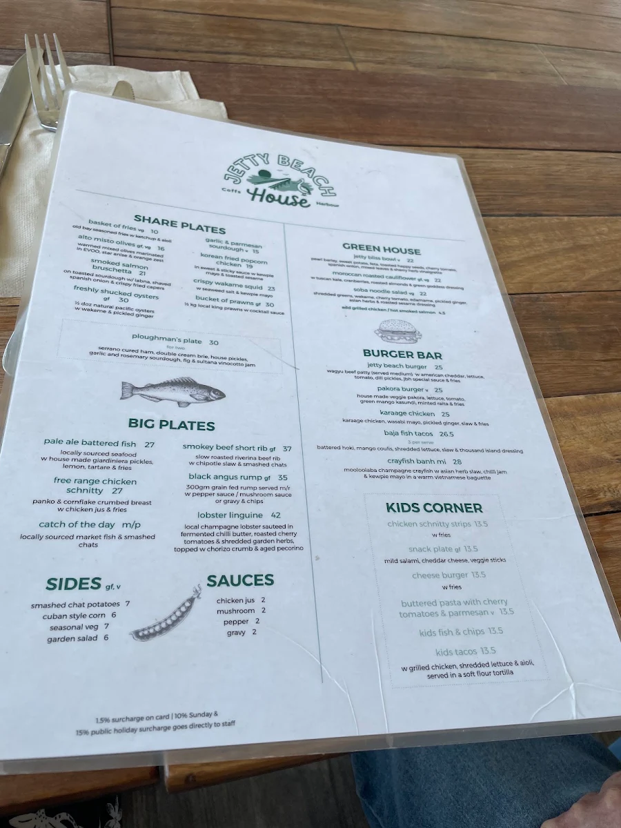 Menu, Jetty Beach House Coffs Harbour