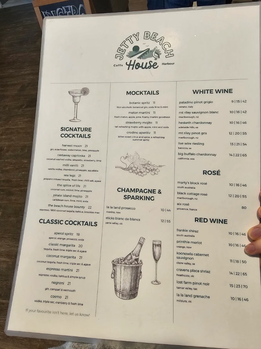 Menu, Jetty Beach House Coffs Harbour