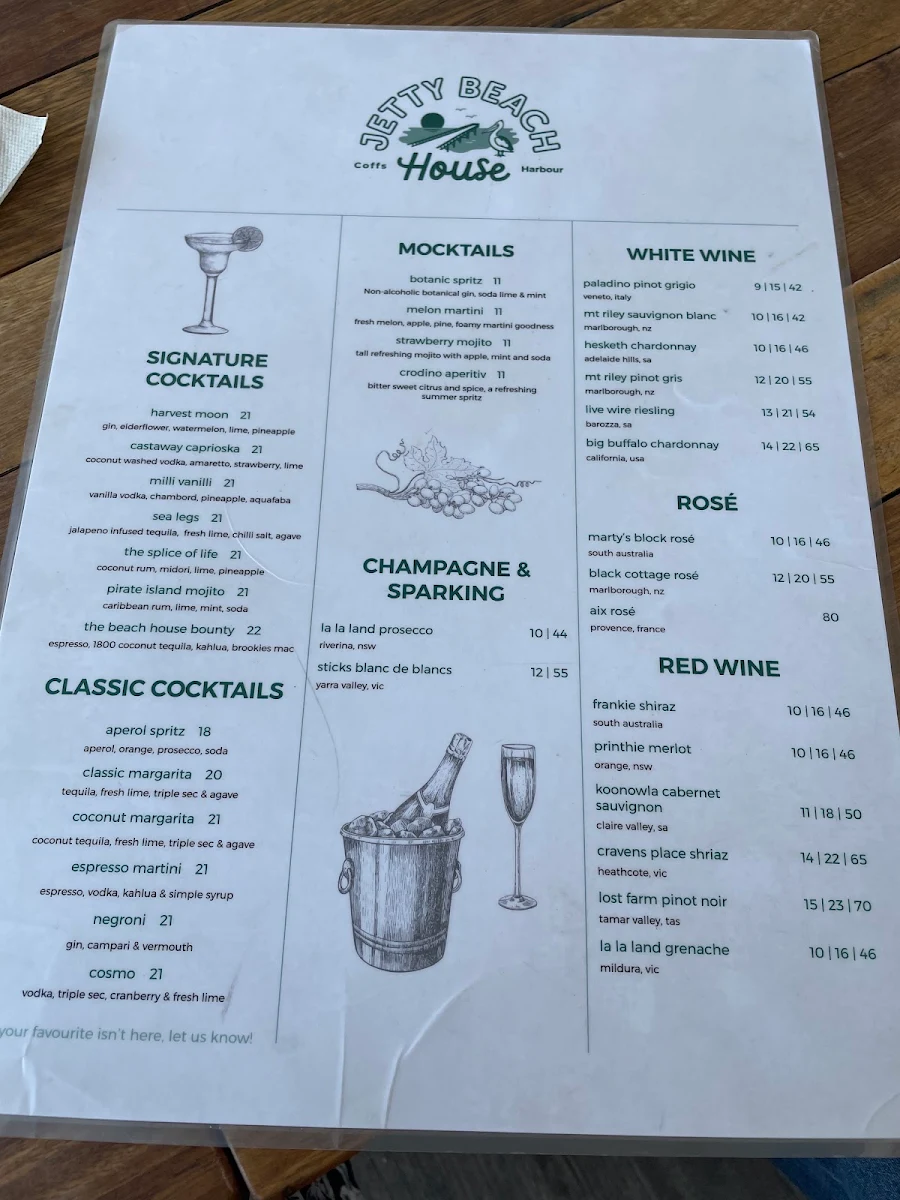 Menu, Jetty Beach House Coffs Harbour