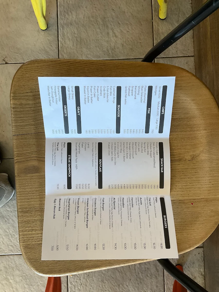 Menu, Eastwood Fish & Chips