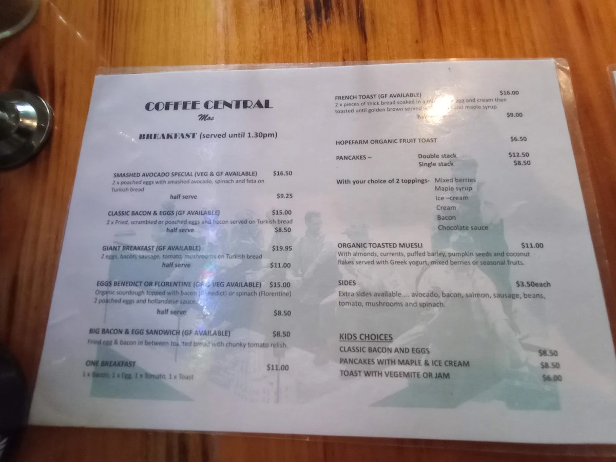 Menu, Coffee Central Moe