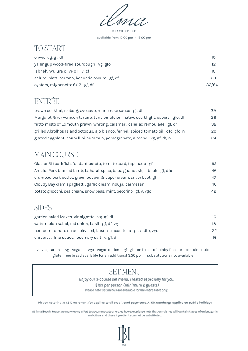 Menu, ilma Beach House