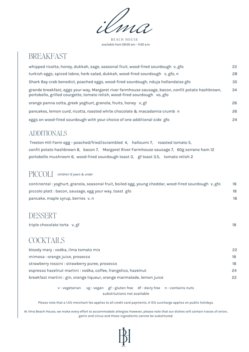 Menu, ilma Beach House