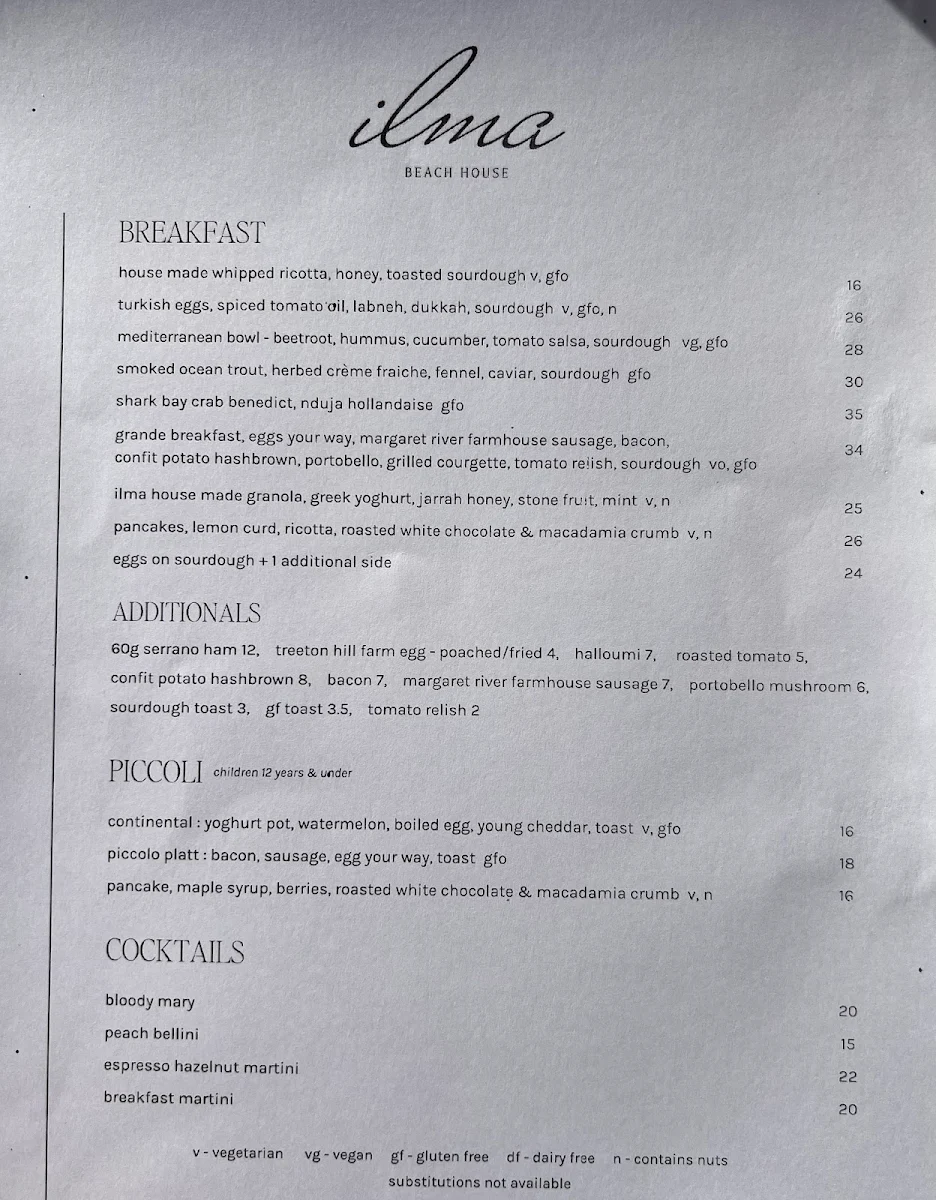 Menu, ilma Beach House