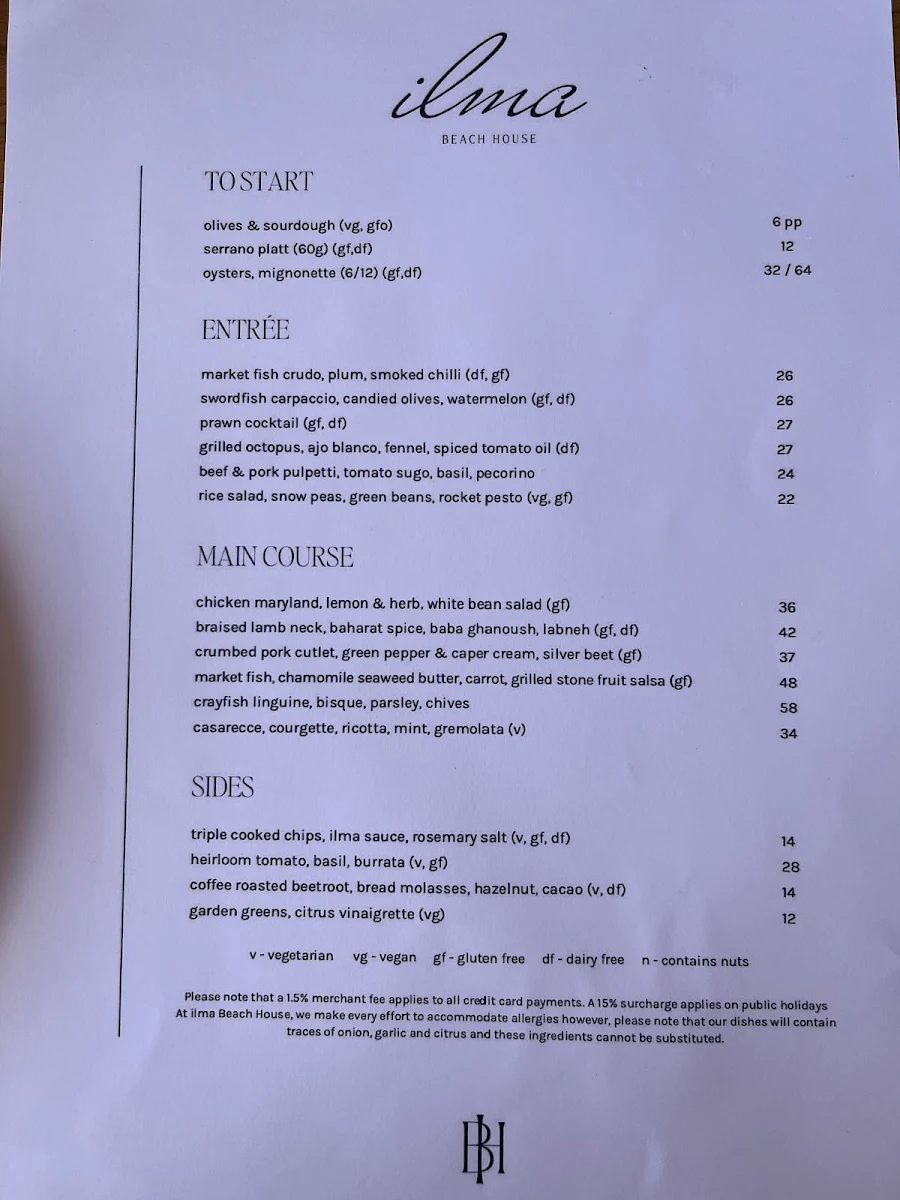 Menu, ilma Beach House
