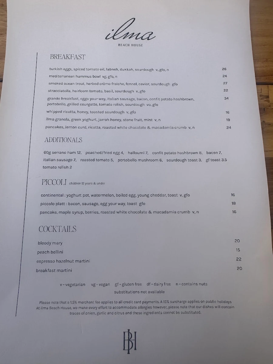 Menu, ilma Beach House