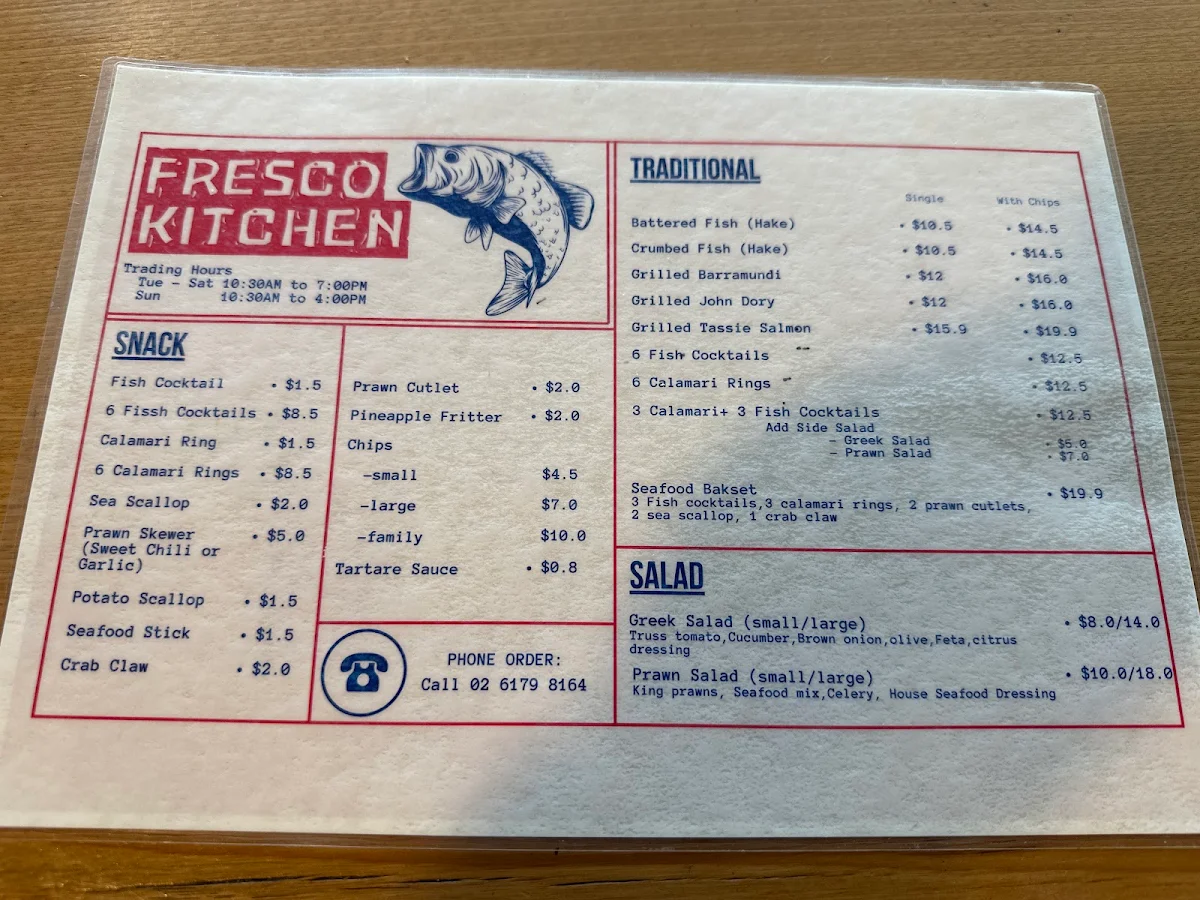 Menu, Fresco Seafood