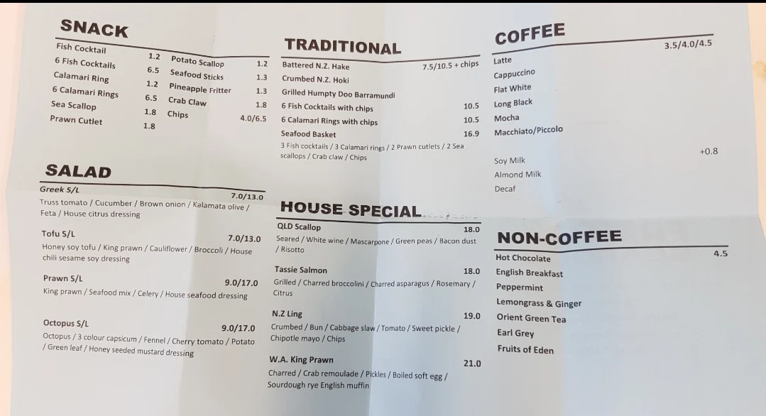 Menu, Fresco Seafood