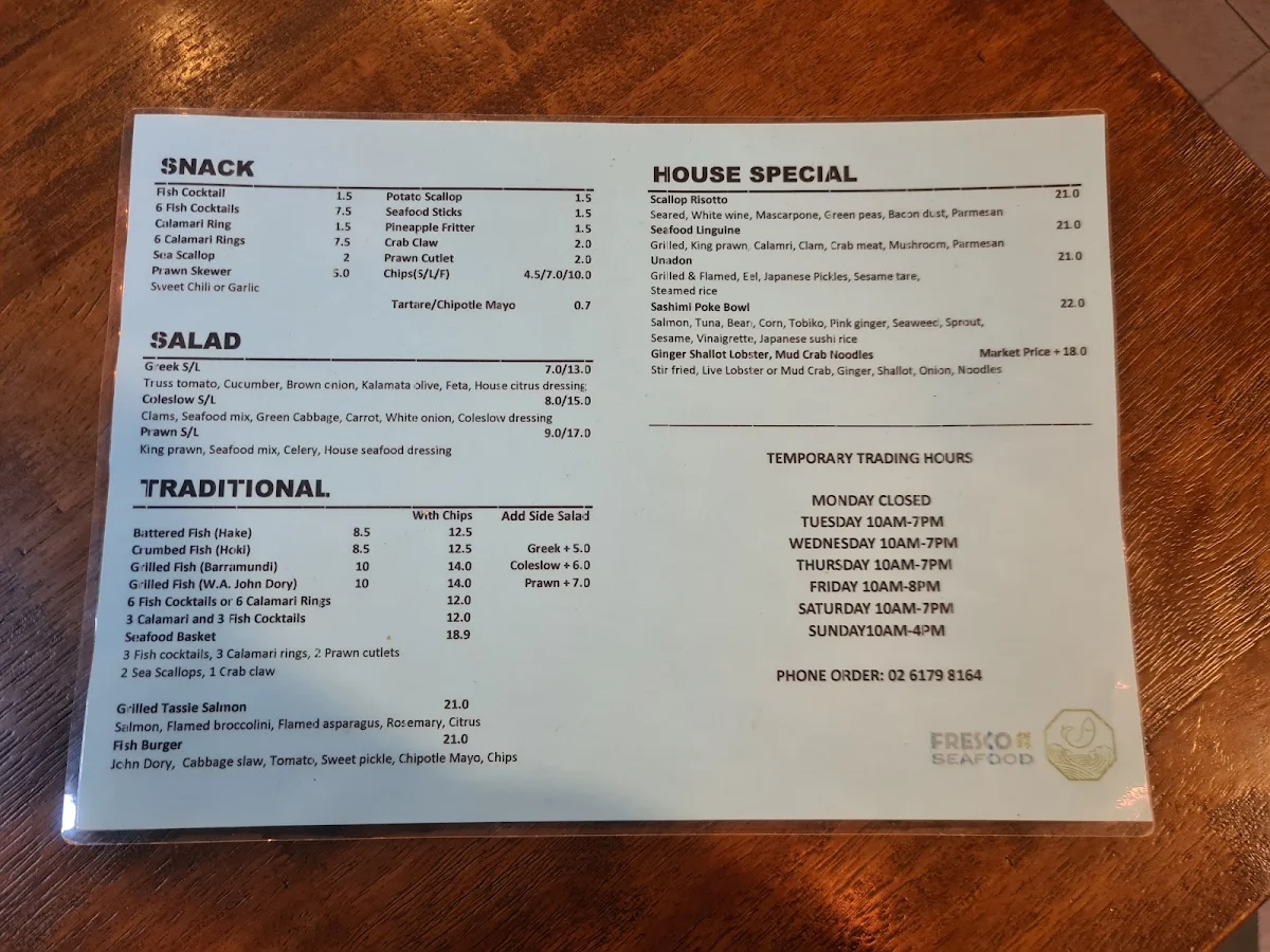 Menu, Fresco Seafood