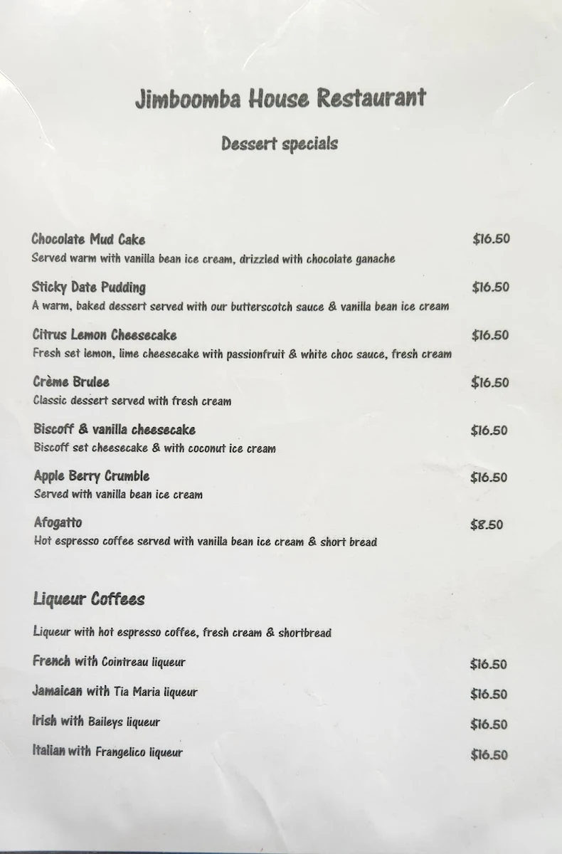 Menu, Jimboomba House Restaurant