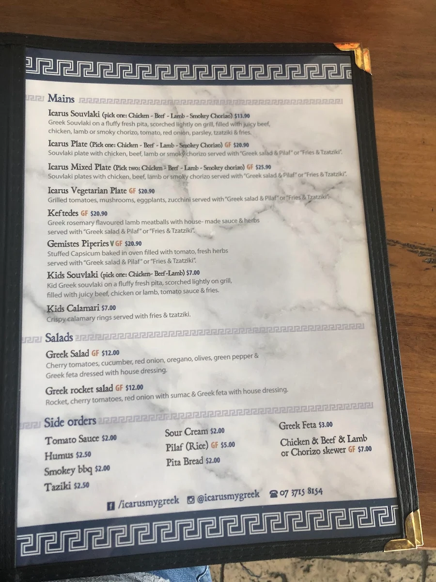 Menu, Icarus Greek Restaurant