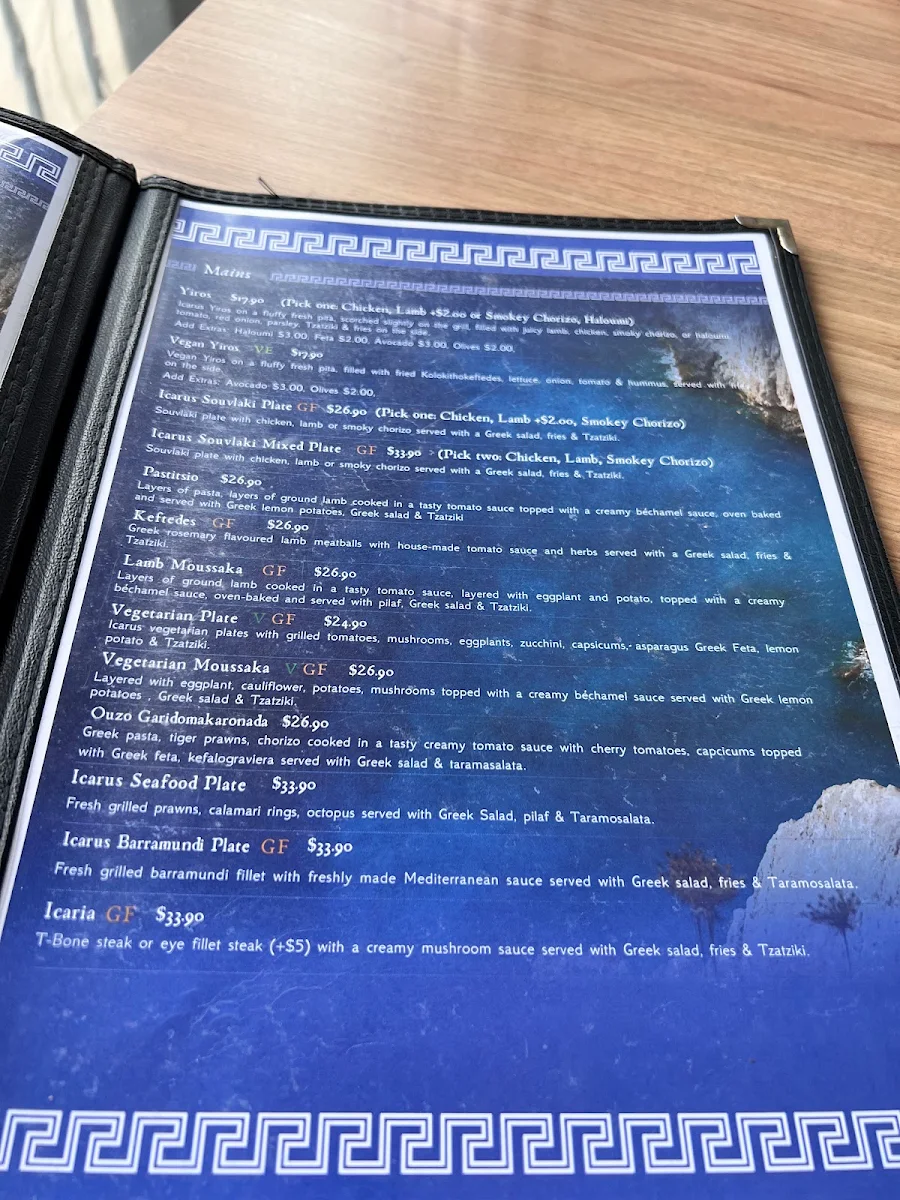 Menu, Icarus Greek Restaurant