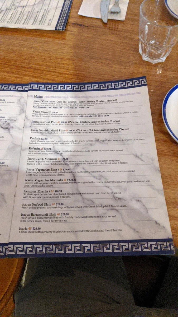 Menu, Icarus Greek Restaurant