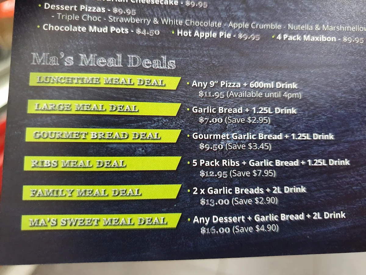 Menu, Ma's Pizza Kitchen - Rural View