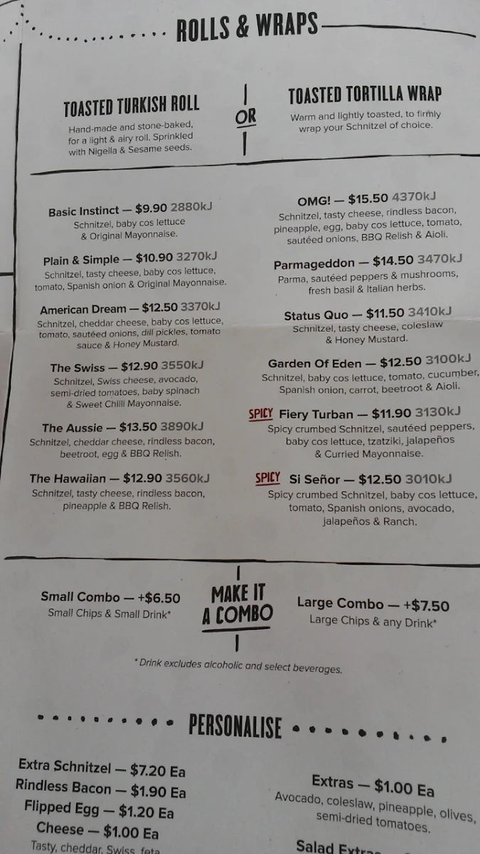 Menu, Schnitz Point Cook