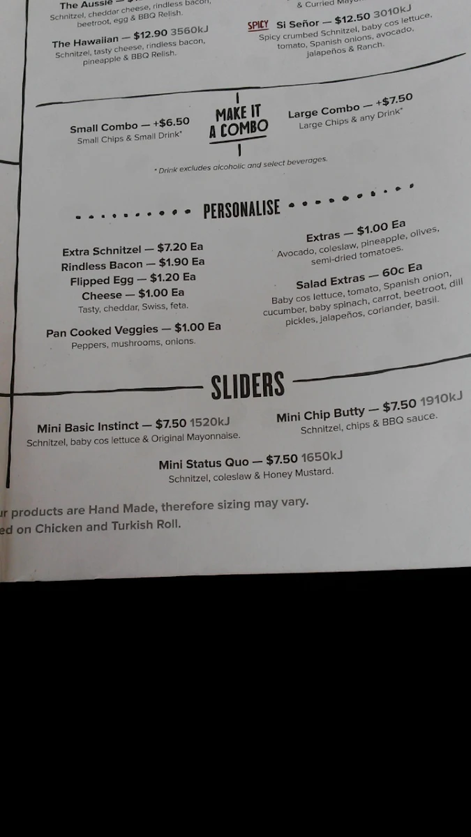 Menu, Schnitz Point Cook
