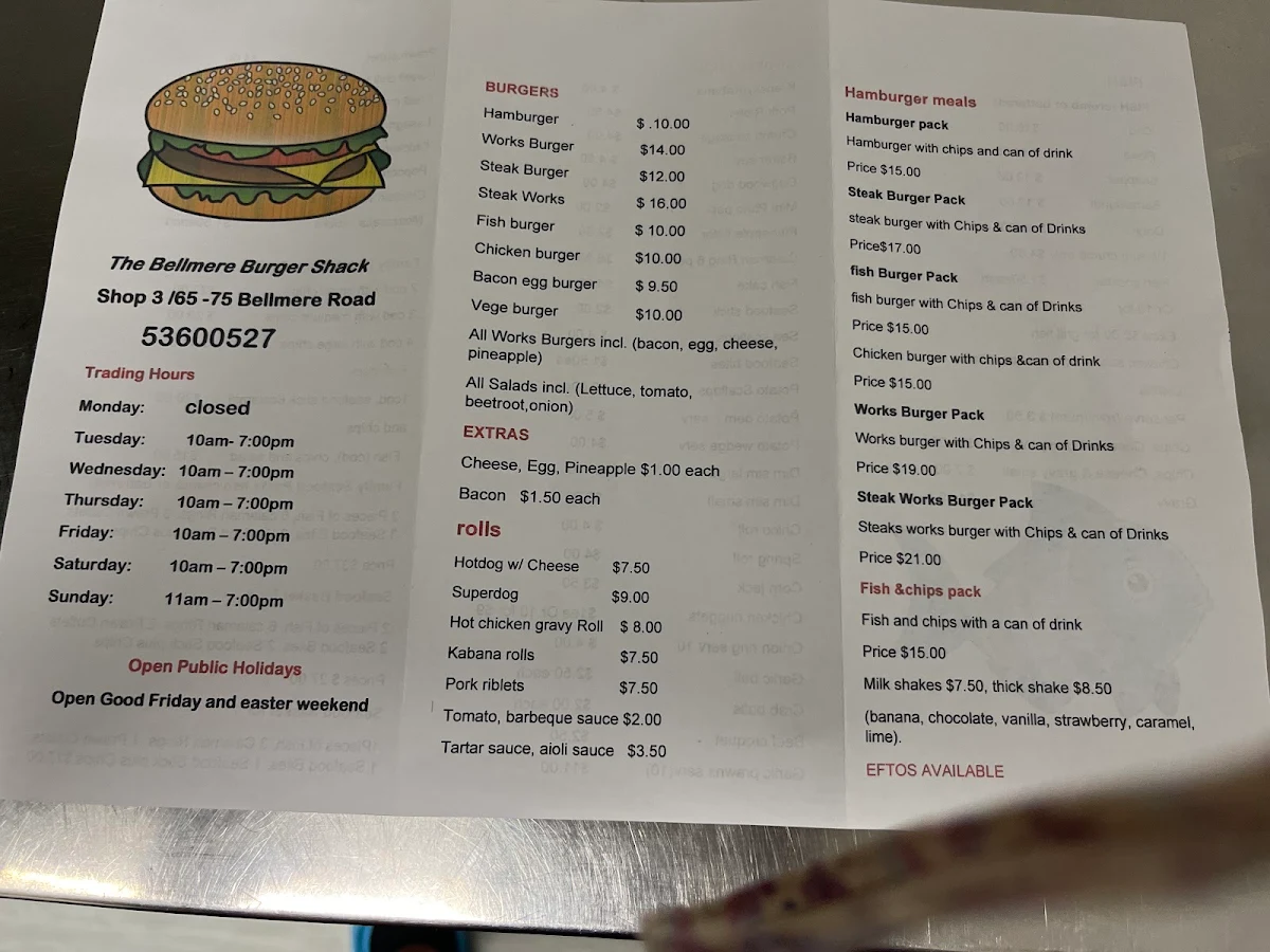 Menu, Bellmere Burger Shack