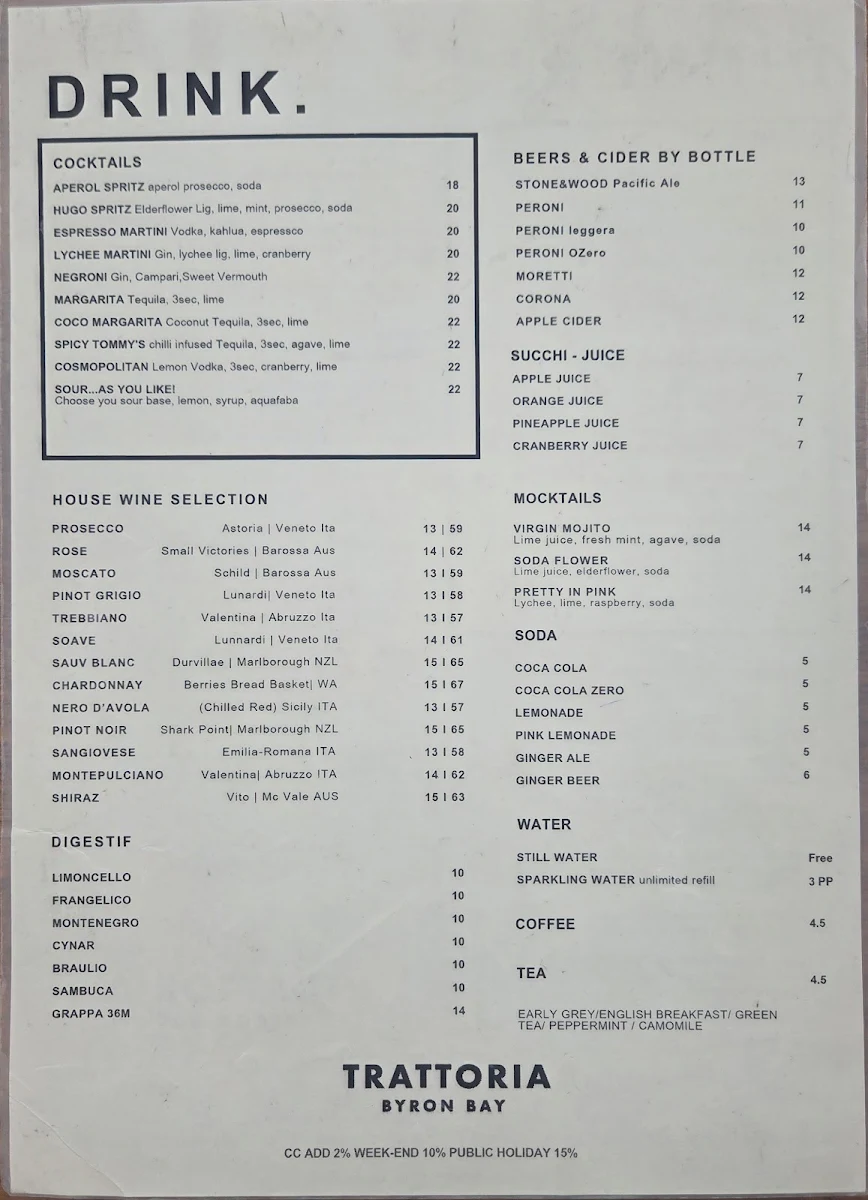 Menu, Trattoria Basiloco Byron Bay