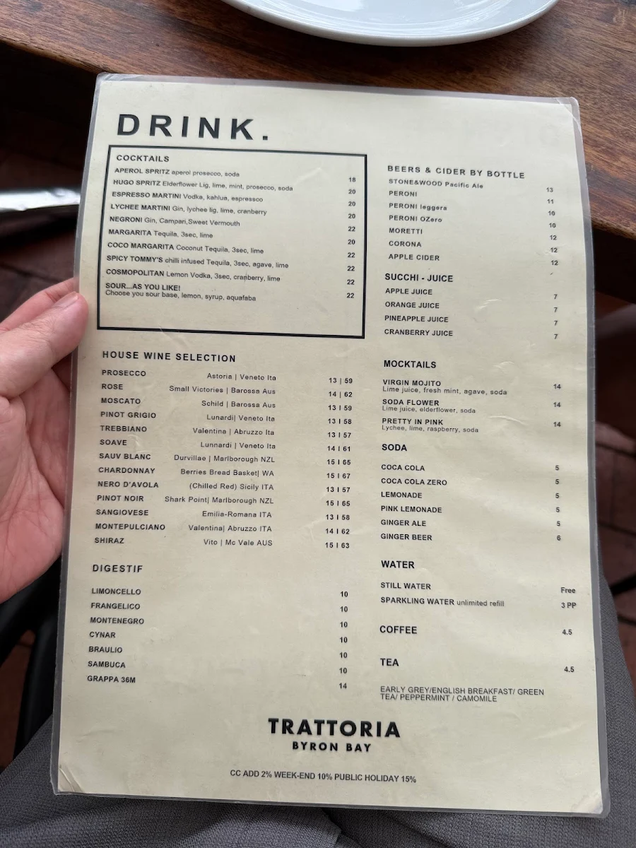 Menu, Trattoria Basiloco Byron Bay