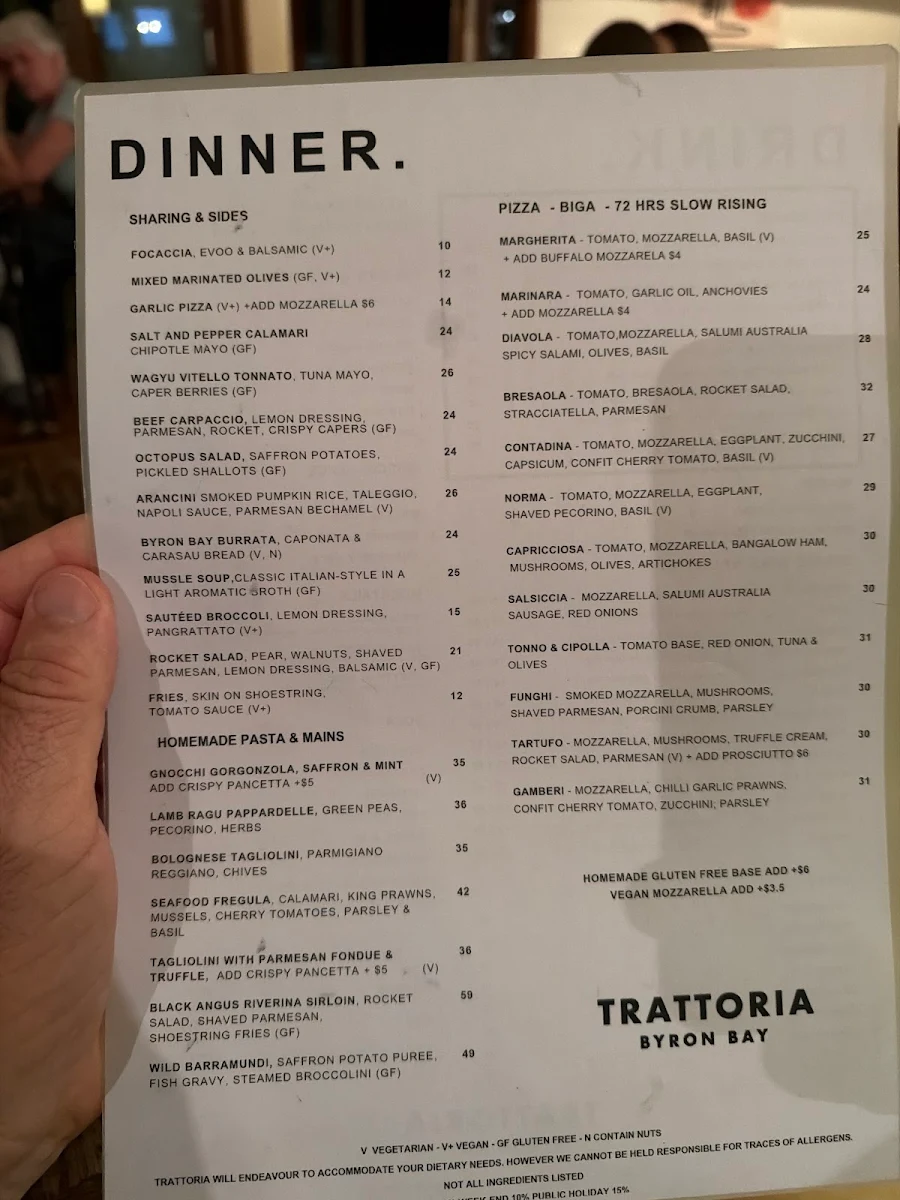 Menu, Trattoria Basiloco Byron Bay
