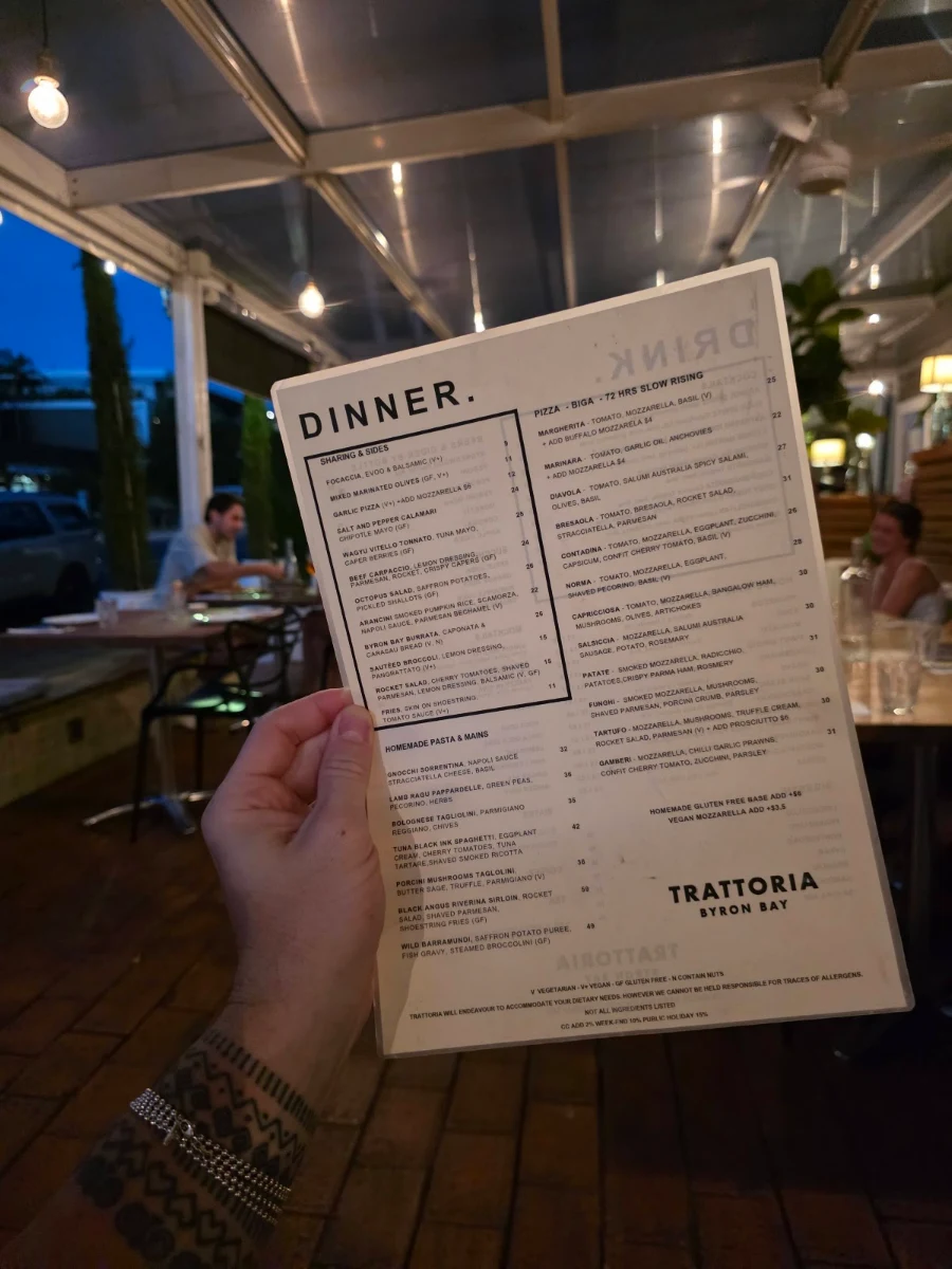 Menu, Trattoria Basiloco Byron Bay