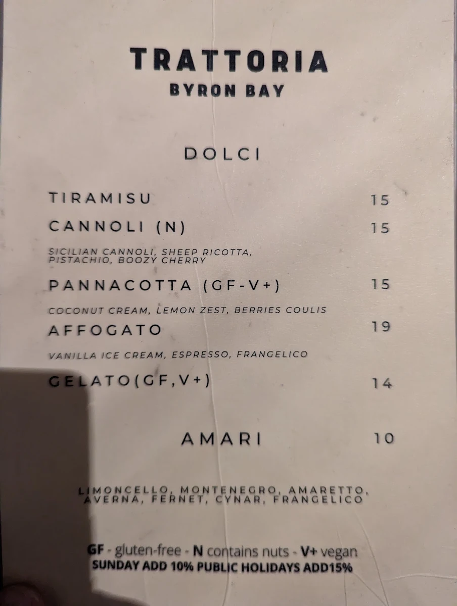 Menu, Trattoria Basiloco Byron Bay