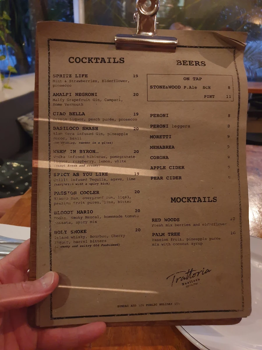Menu, Trattoria Basiloco Byron Bay