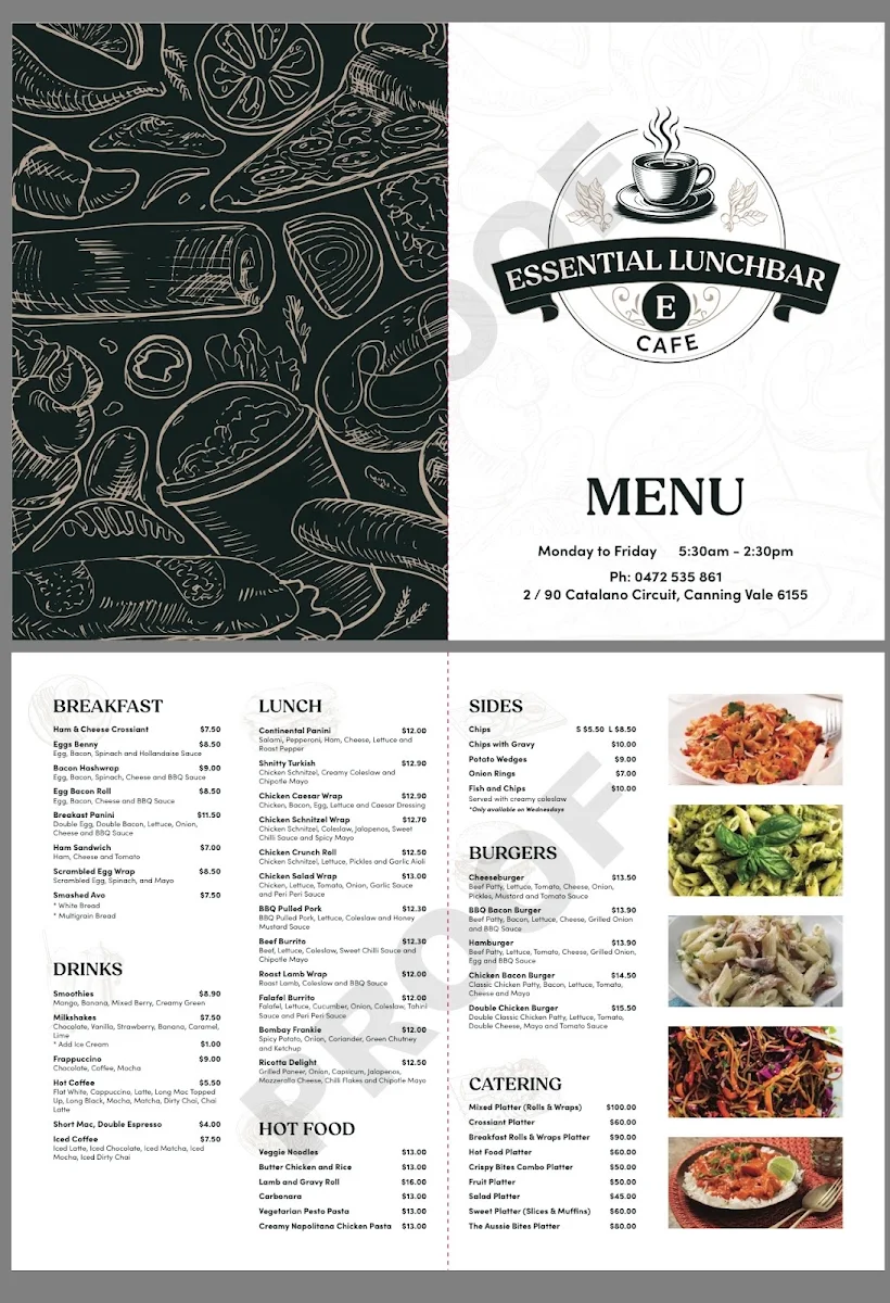 Menu, Essential Lunchbar cafe & Restaurant