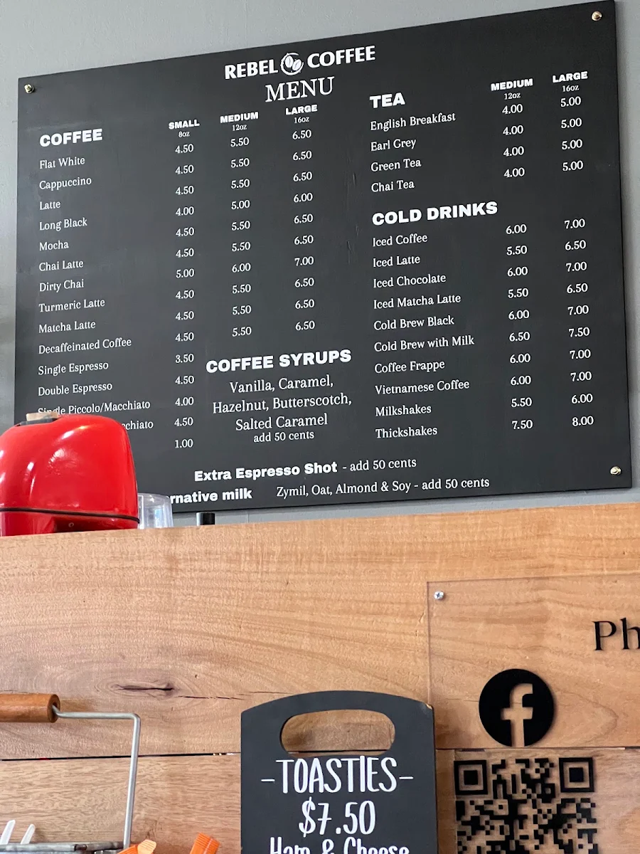 Menu, Rebel Coffee Innisfail