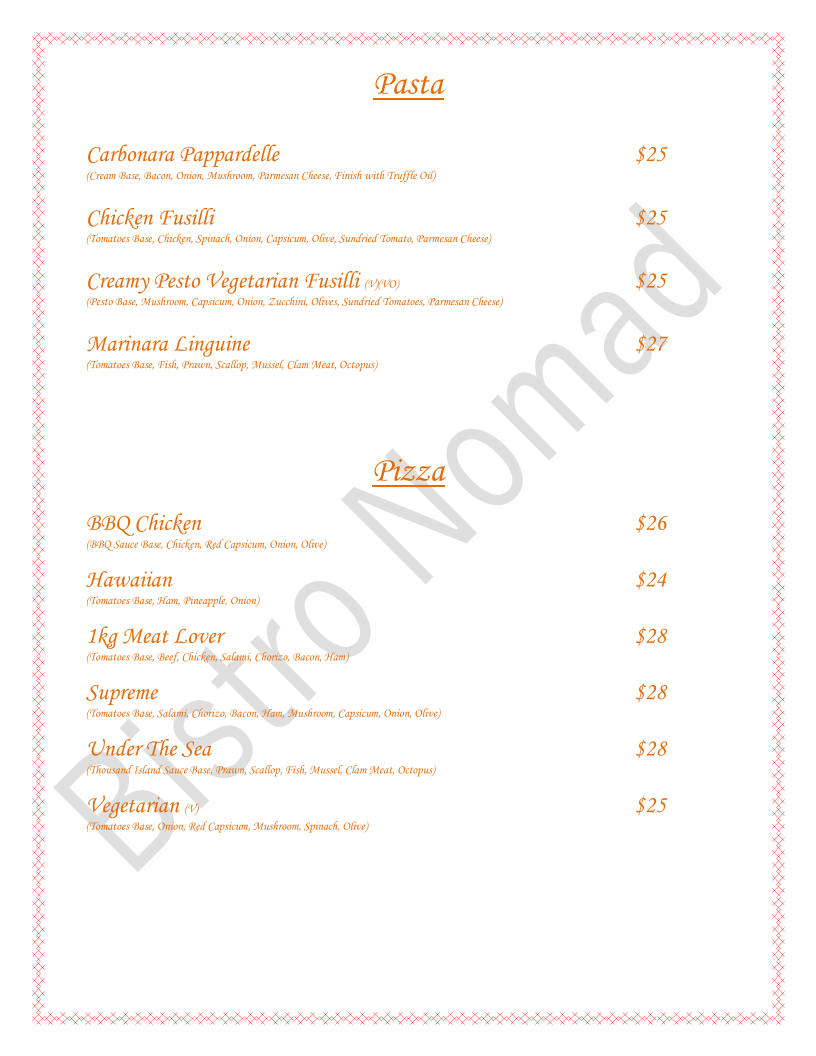 Menu, Bistro Nomad