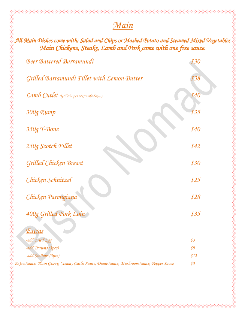 Menu, Bistro Nomad