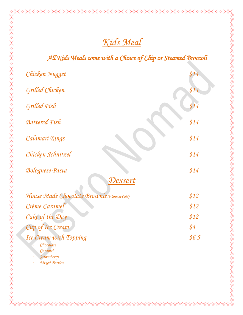 Menu, Bistro Nomad