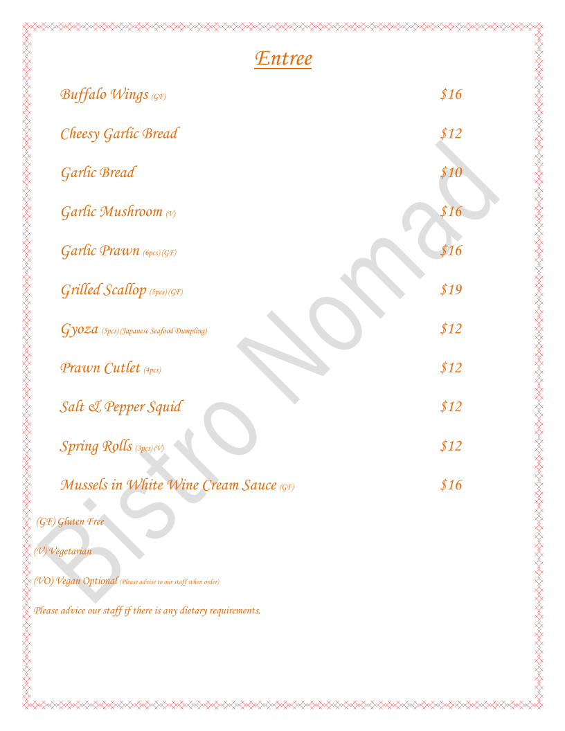 Menu, Bistro Nomad