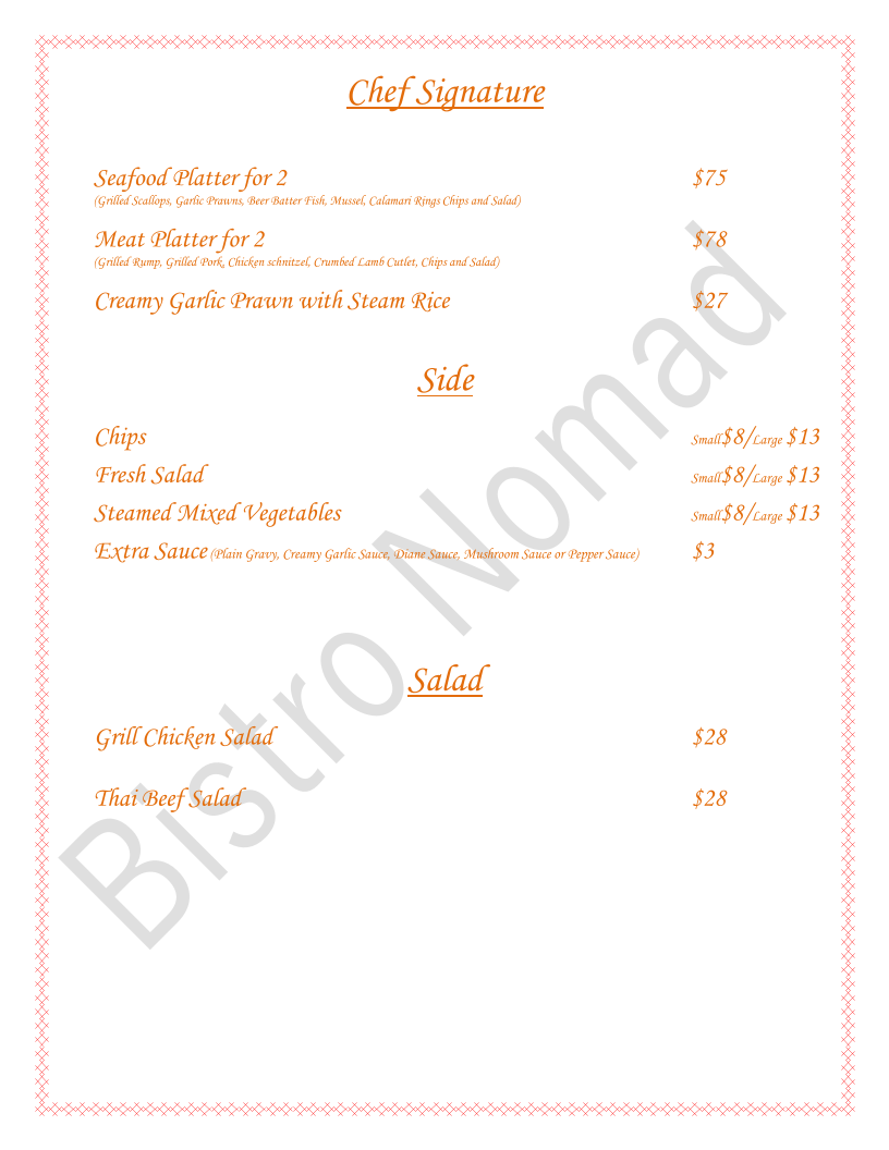 Menu, Bistro Nomad