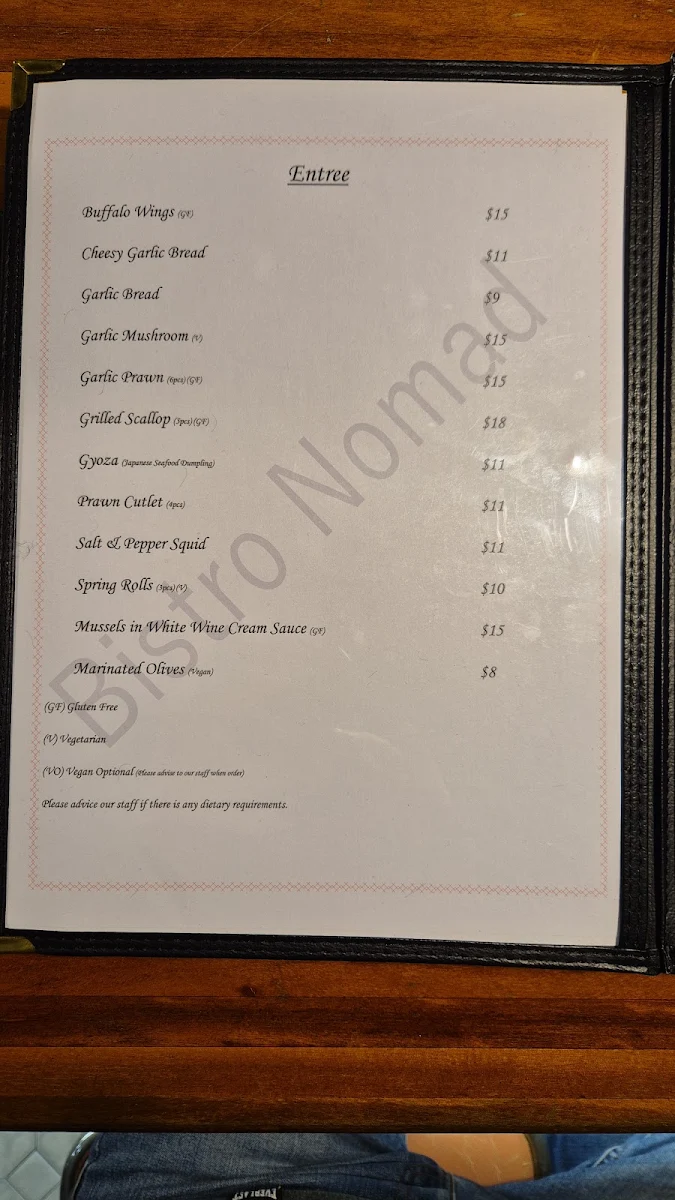 Menu, Bistro Nomad