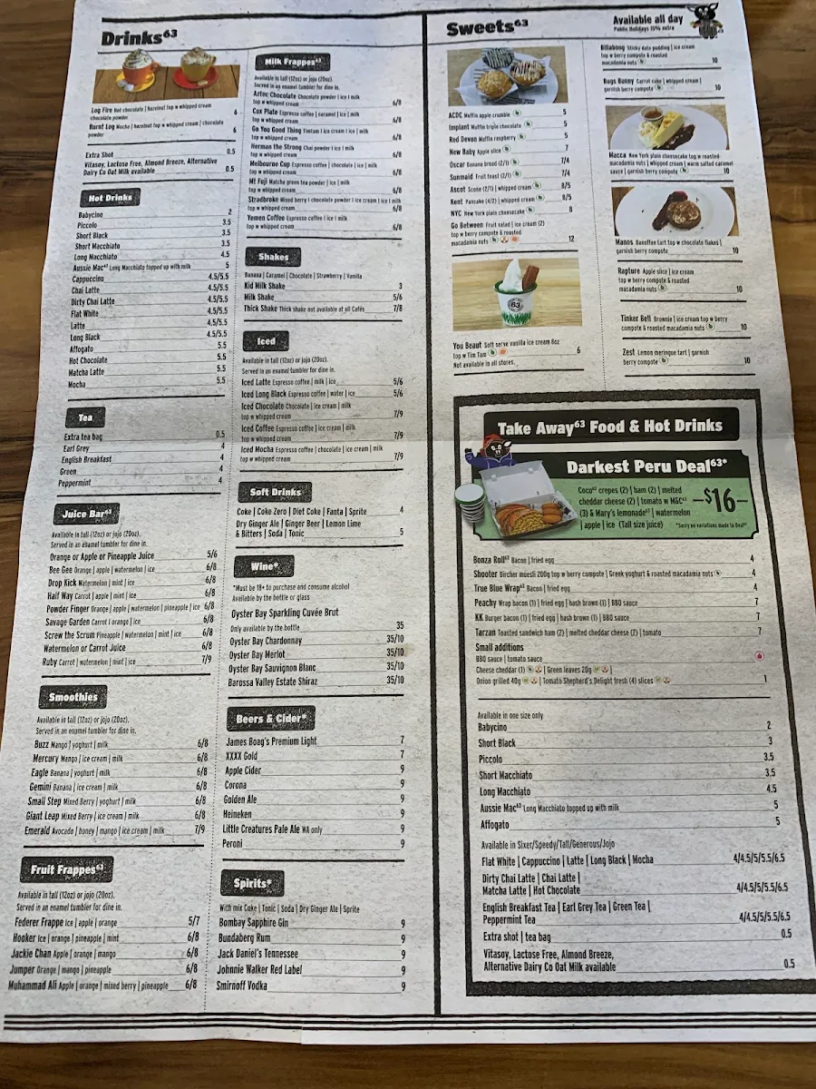 Menu, Cafe 63 Mandurah