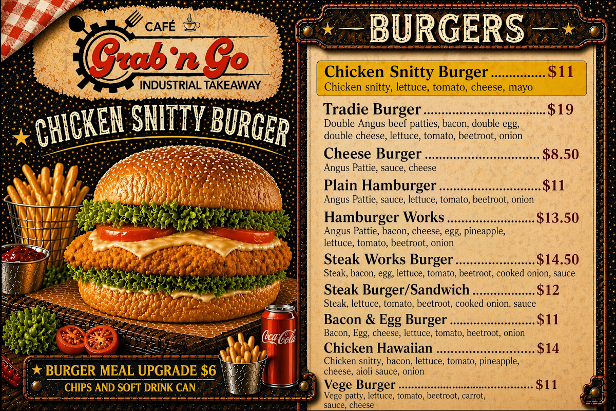 Menu, Grab n go cafe- industrial take away