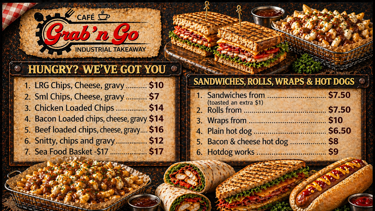 Menu, Grab n go cafe- industrial take away