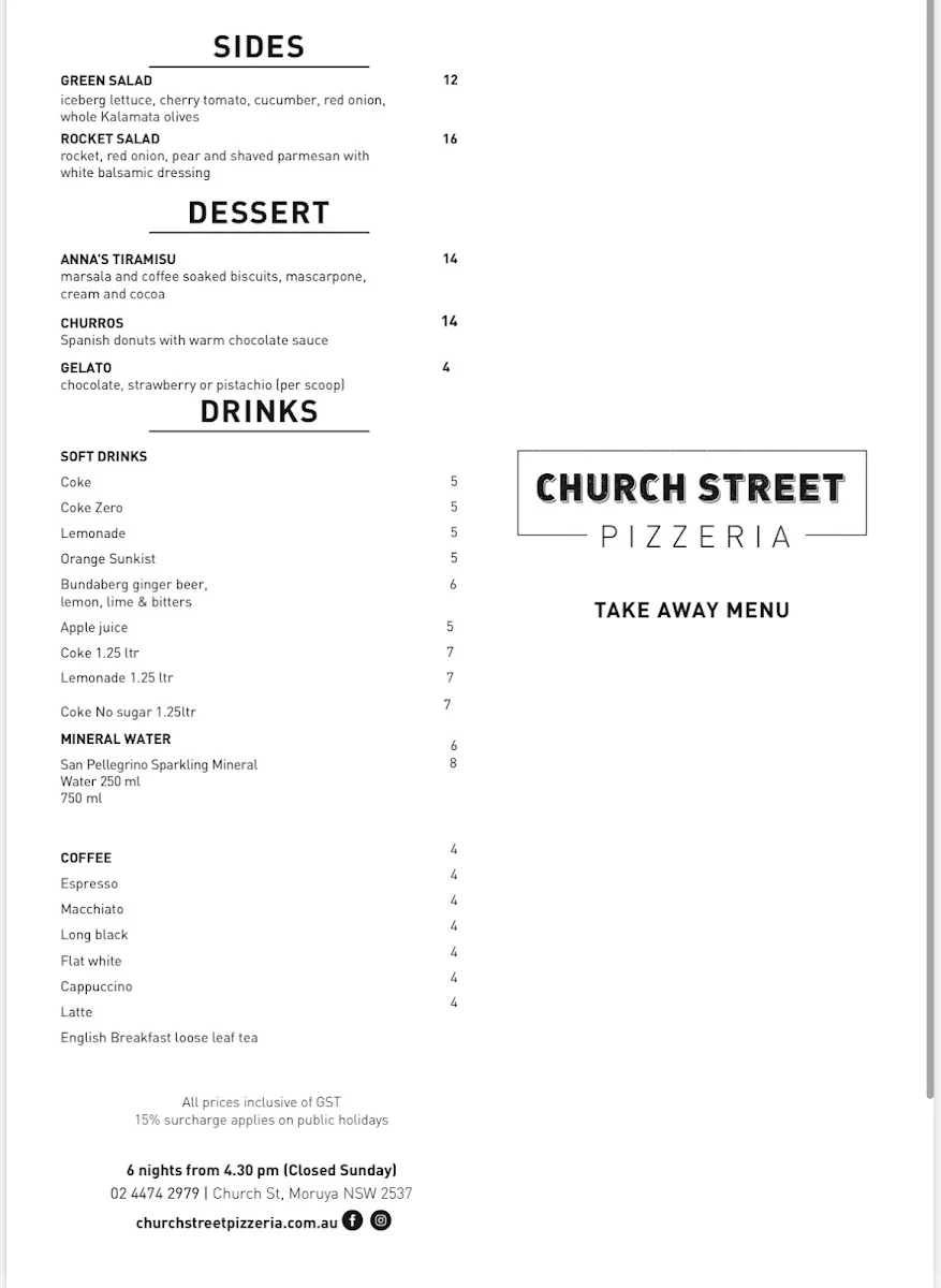 Menu, Church Street Pizzeria
