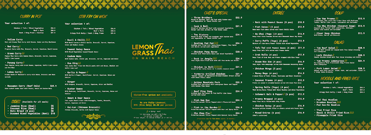 Menu, Lemongrass Thai On Tedder (Main Beach)