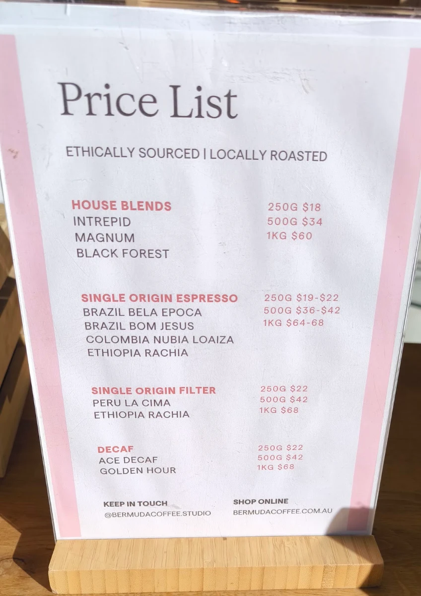 Menu, Bermuda Coffee Studio – Coffee Shop & Roastery Berwick