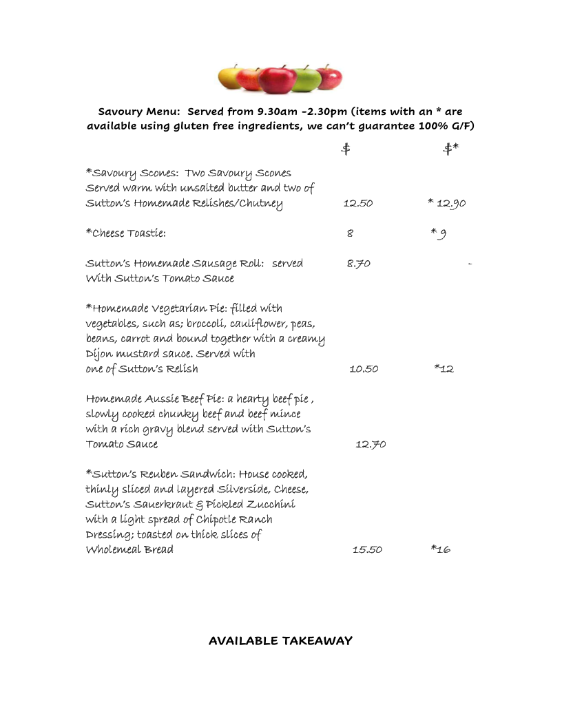 Menu, Suttons Juice Factory